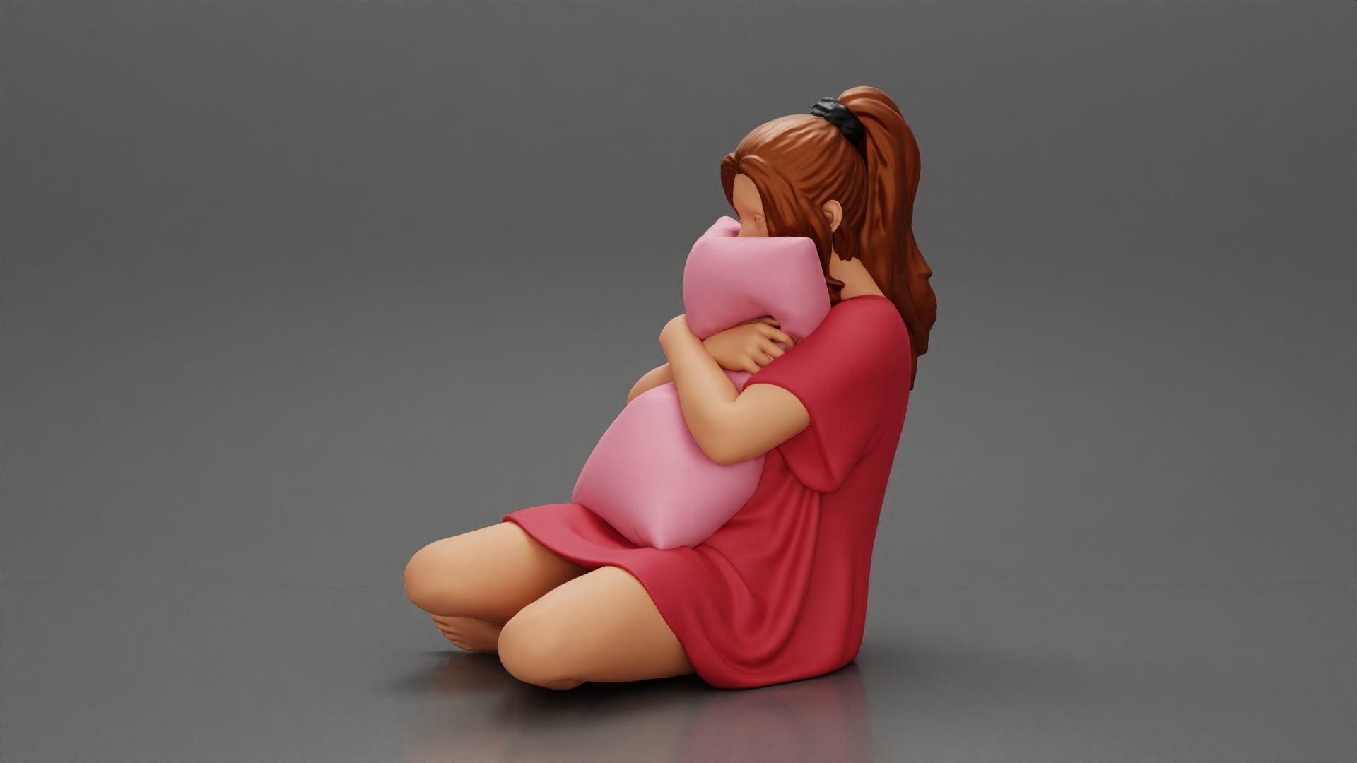 beautiful girl scared sitting holding a pillow while watching TV 3D print model_4