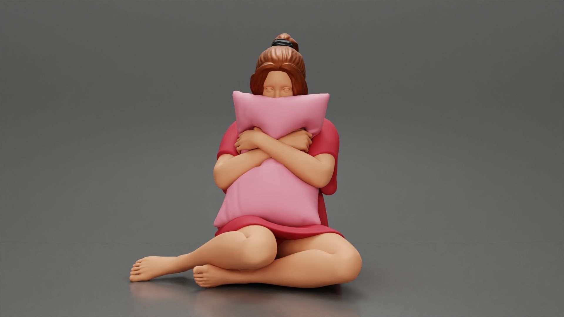 beautiful girl scared sitting holding a pillow while watching TV 3D print model_5