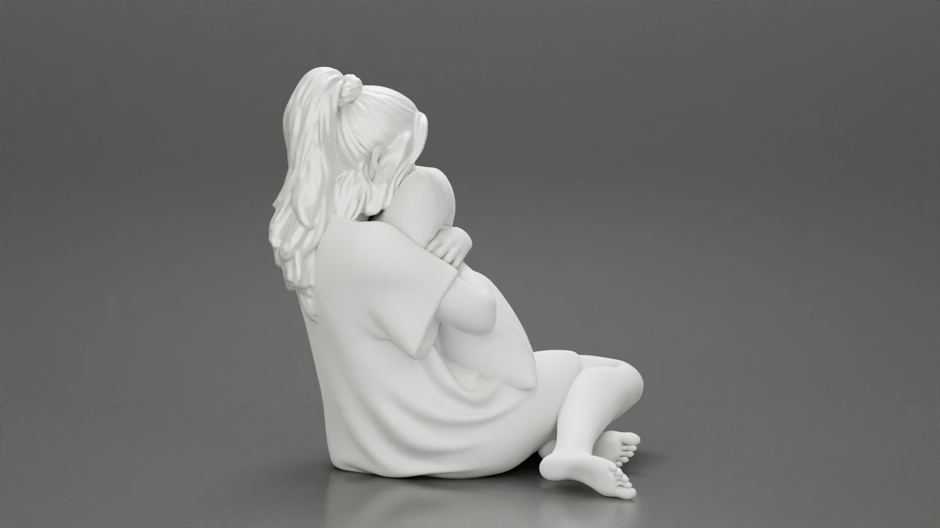 beautiful girl scared sitting holding a pillow while watching TV 3D print model_7