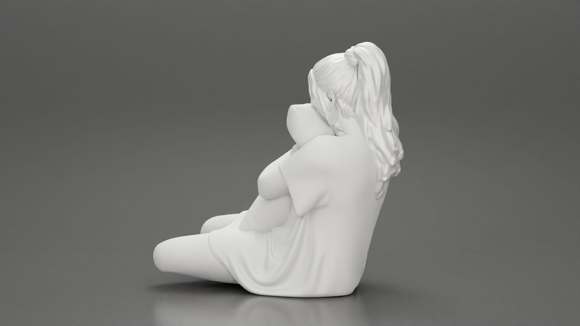 beautiful girl scared sitting holding a pillow while watching TV 3D print model_9