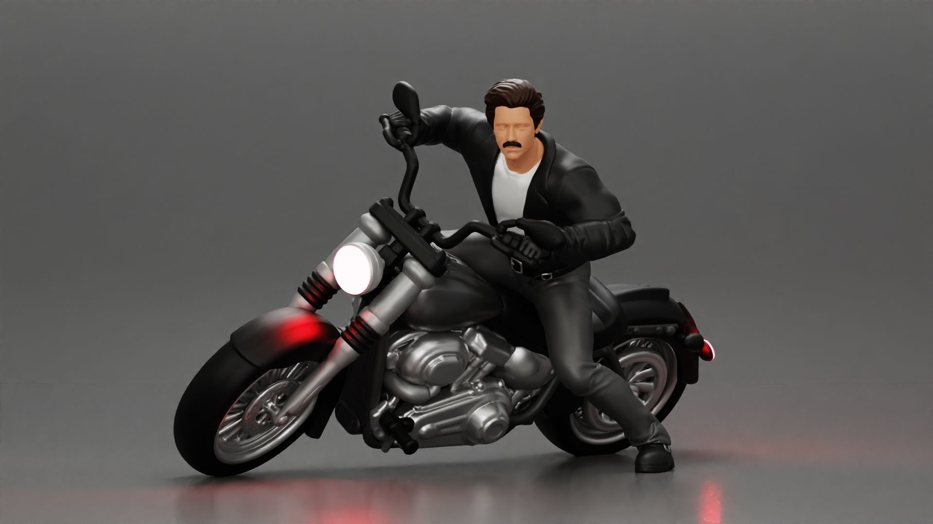 Man In open Leather Jacket Riding On Motorbike in sunglasses 3D print model_1