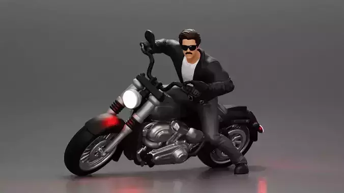 Man In open Leather Jacket Riding On Motorbike in sunglasses 3D print model