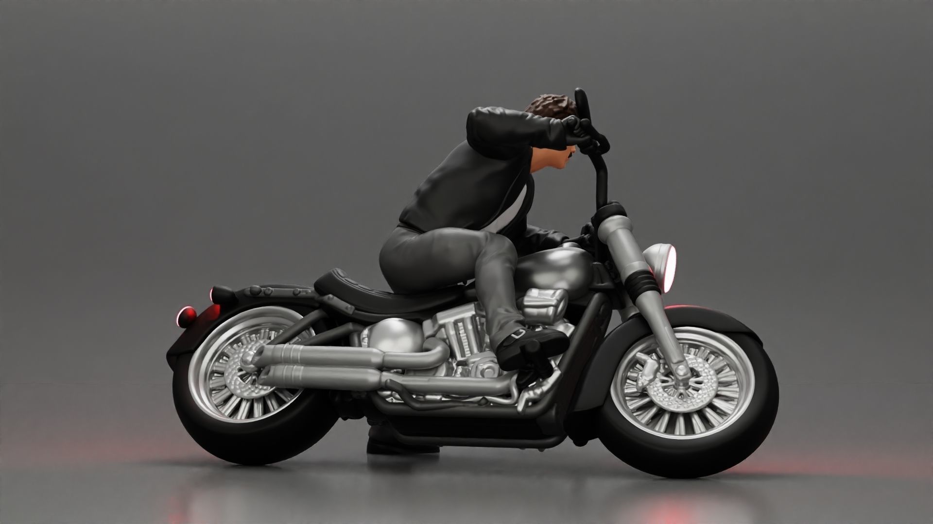 Man In open Leather Jacket Riding On Motorbike in sunglasses 3D print model_10