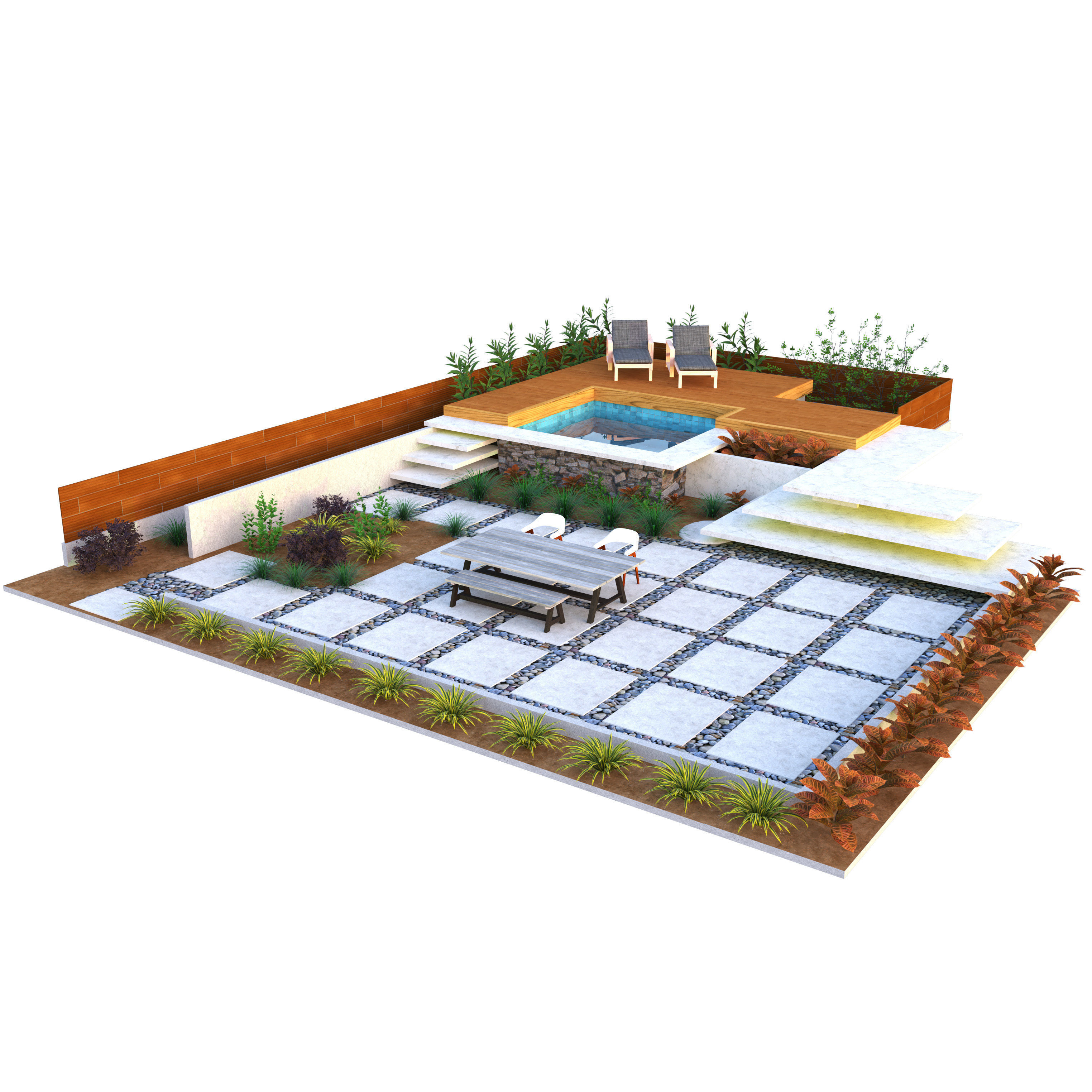 Modern Backyard Pool and Greenery 3d Low-poly 3D model_9