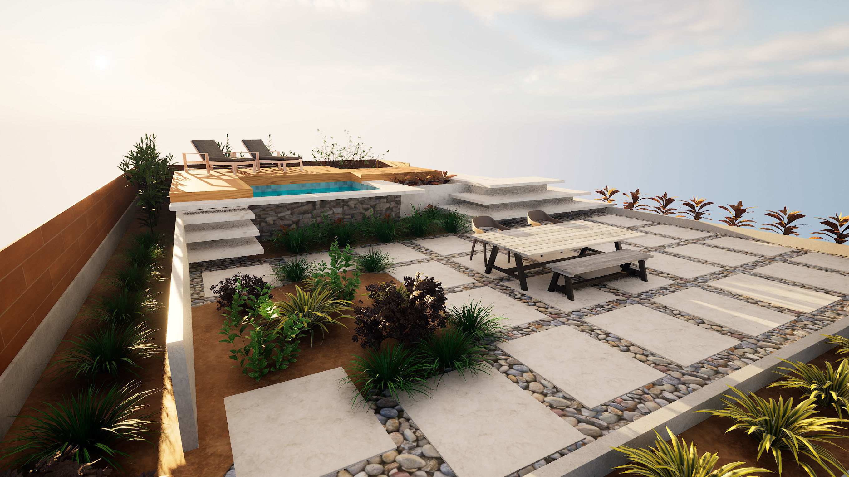 Modern Backyard Pool and Greenery 3d Low-poly 3D model_4