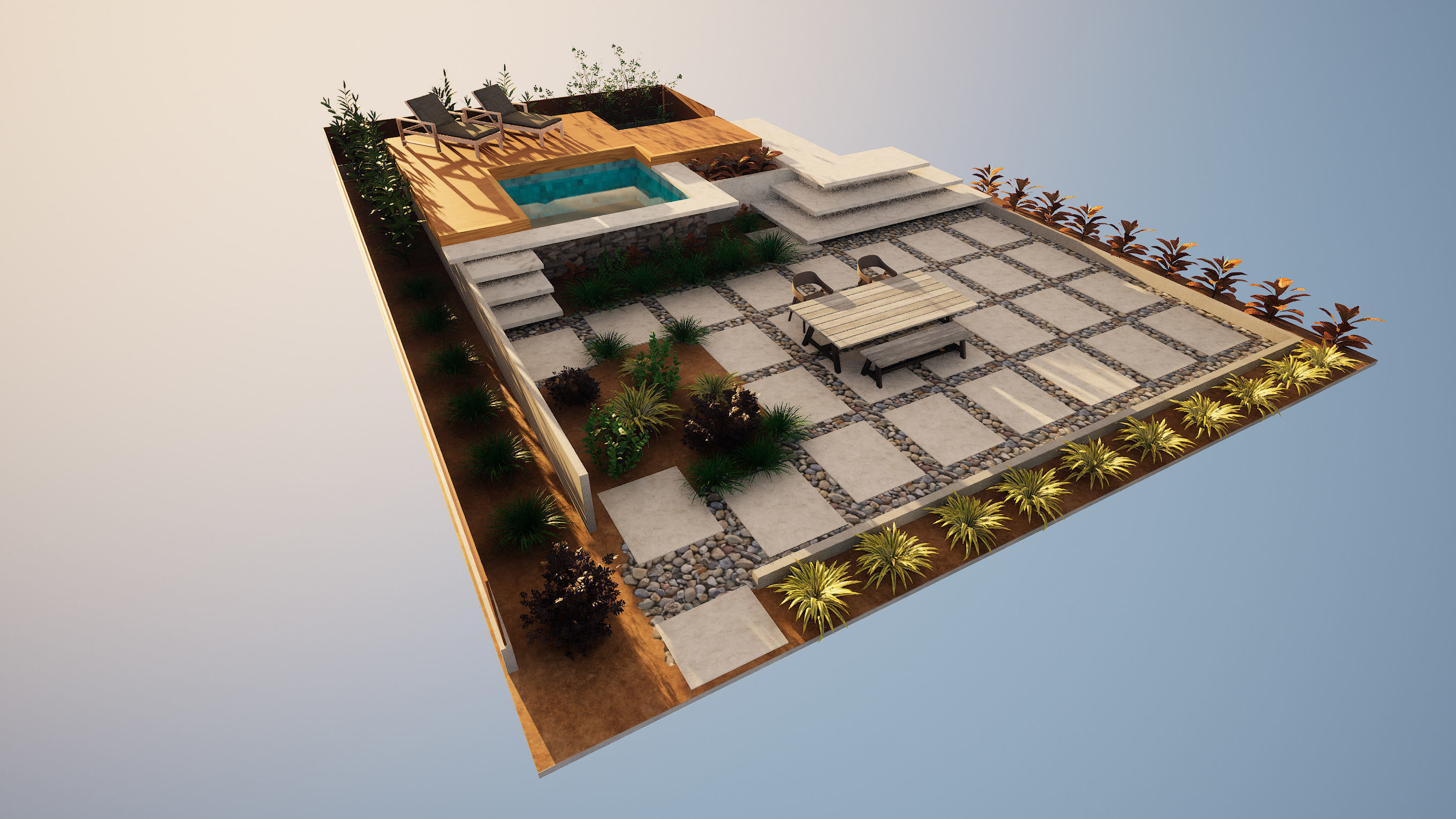 Modern Backyard Pool and Greenery 3d Low-poly 3D model_5