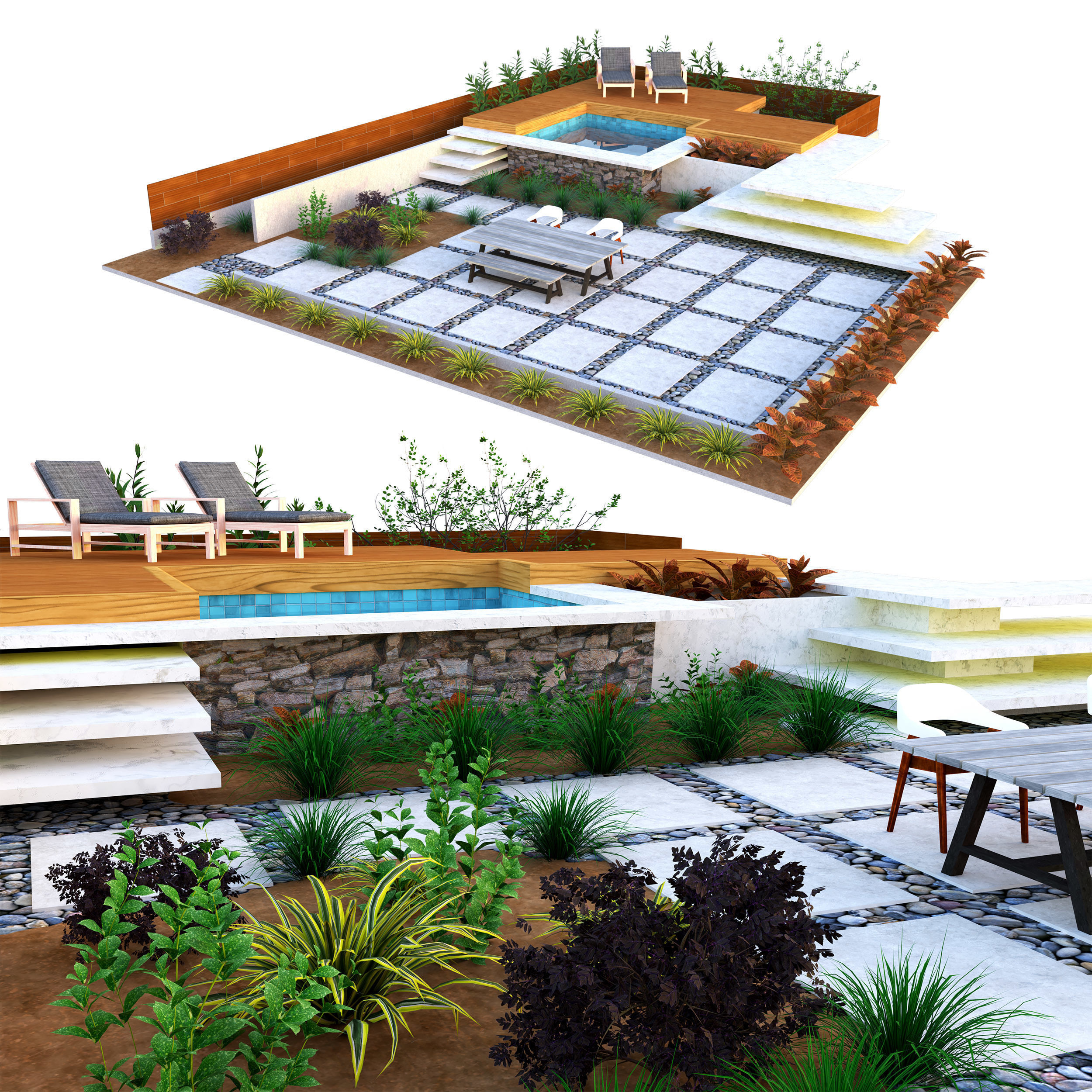 Modern Backyard Pool and Greenery 3d Low-poly 3D model_2