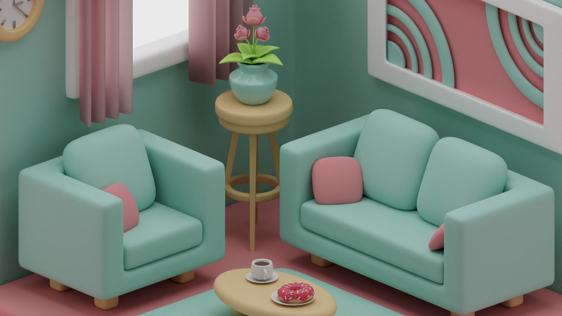 Stylized Isometric Living Room - Blue Version Free 3D model_1