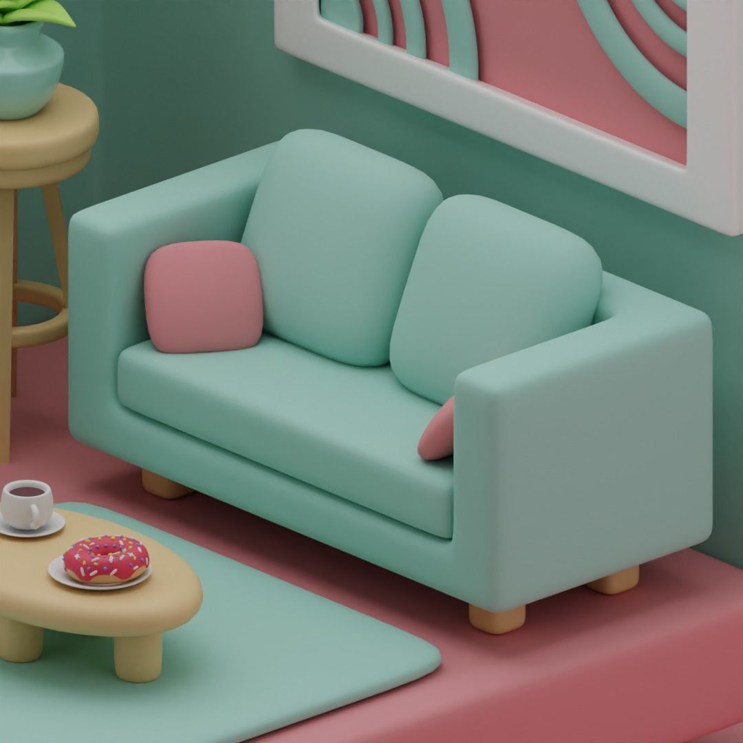 Stylized Isometric Living Room - Blue Version Free 3D model_4