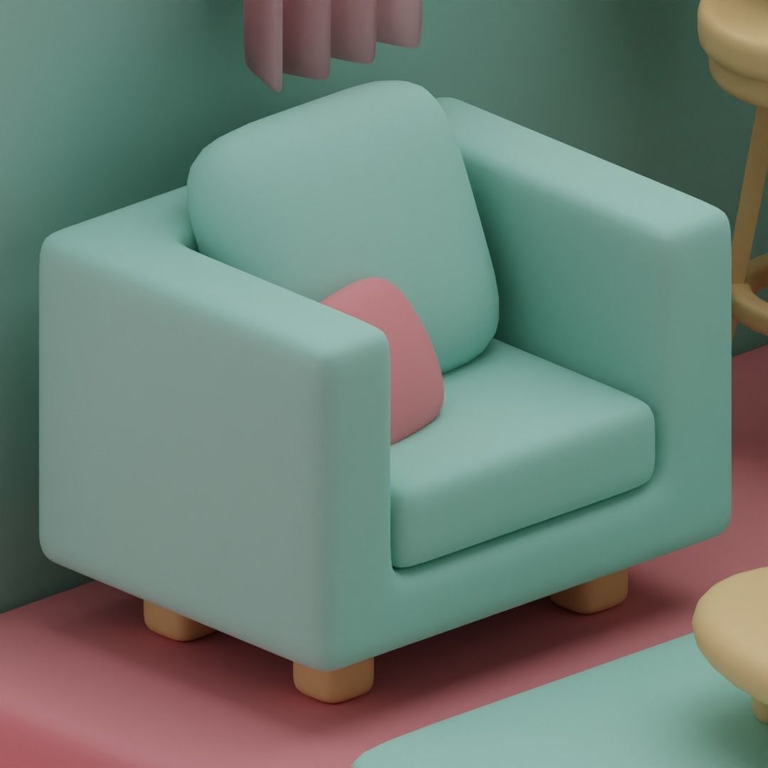 Stylized Isometric Living Room - Blue Version Free 3D model_3