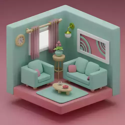 Stylized Isometric Living Room - Blue Version Free 3D model