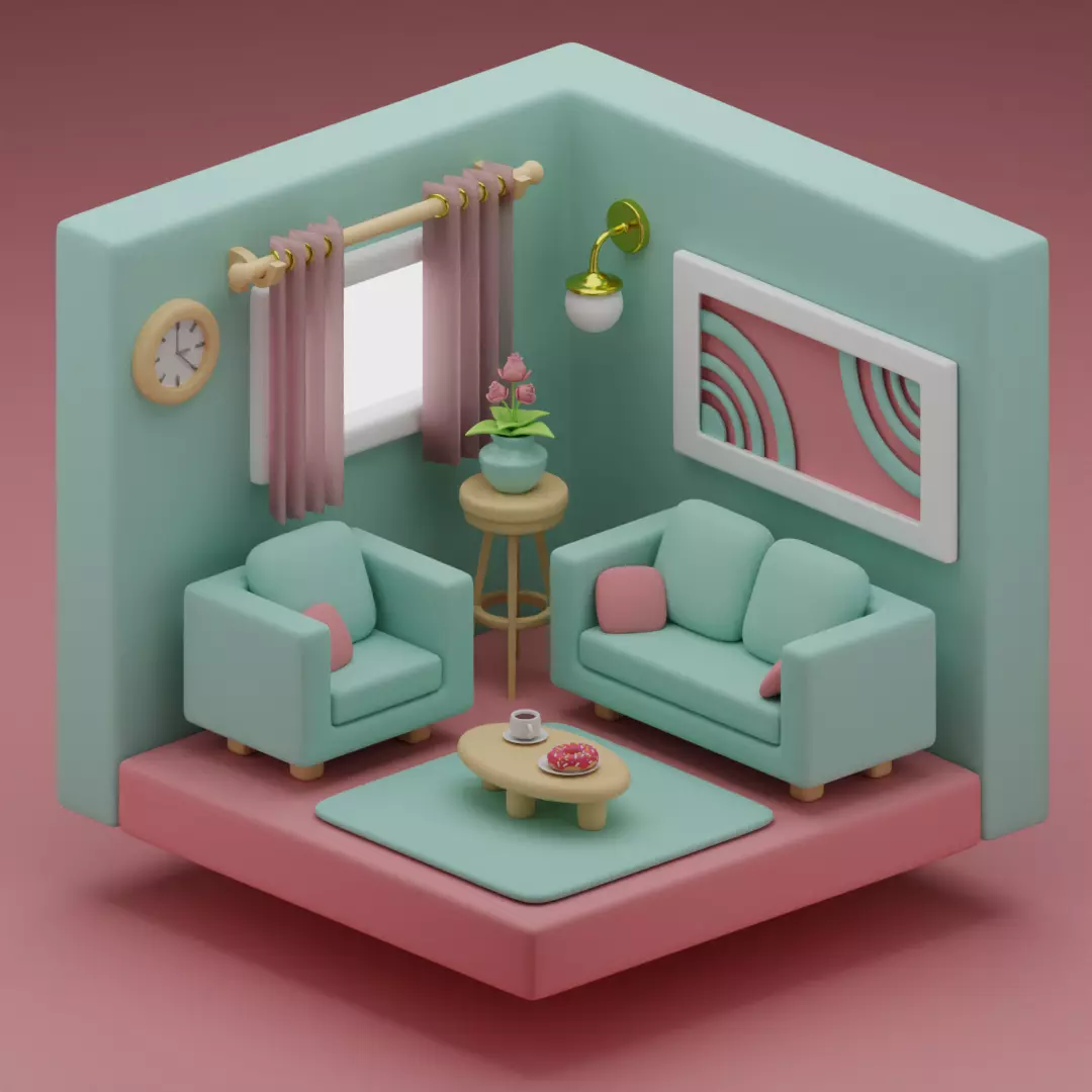 Stylized Isometric Living Room - Blue Version Free 3D model_0
