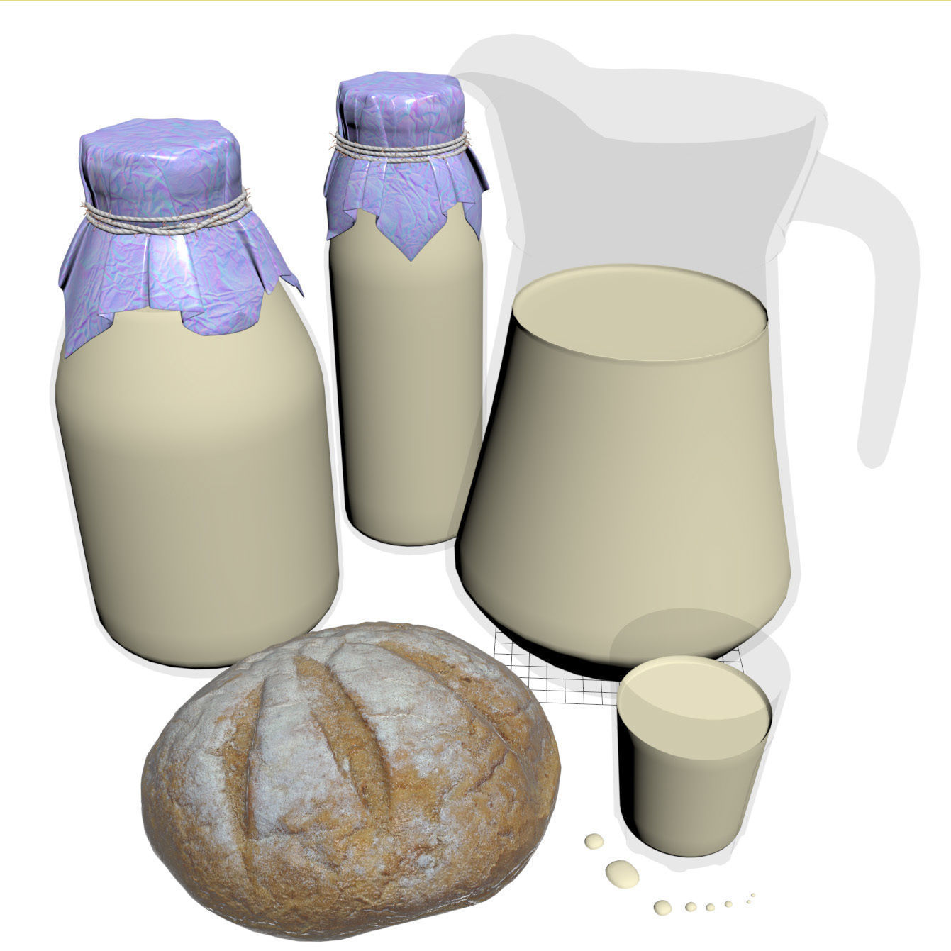 Milk with country bread 3D model_8