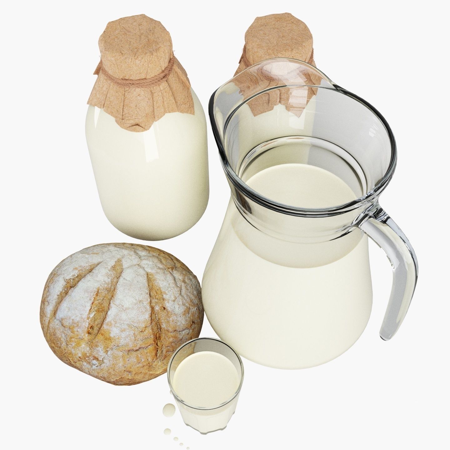 Milk with country bread 3D model_3