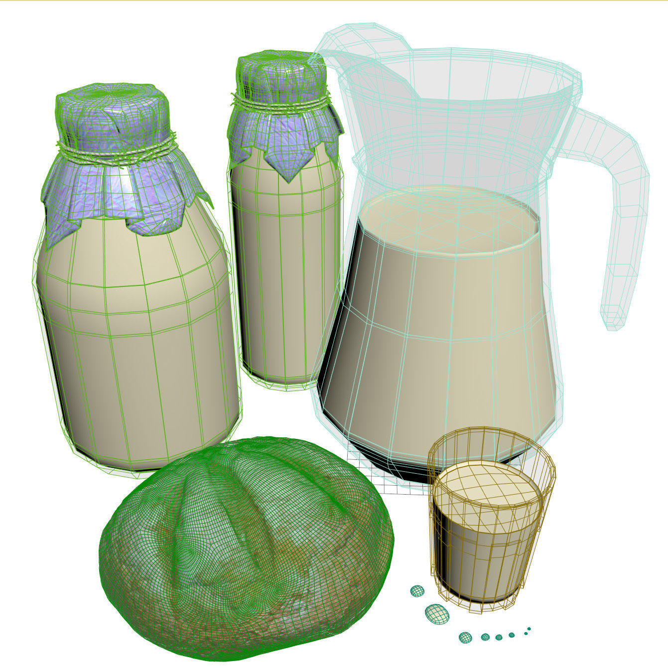 Milk with country bread 3D model_5