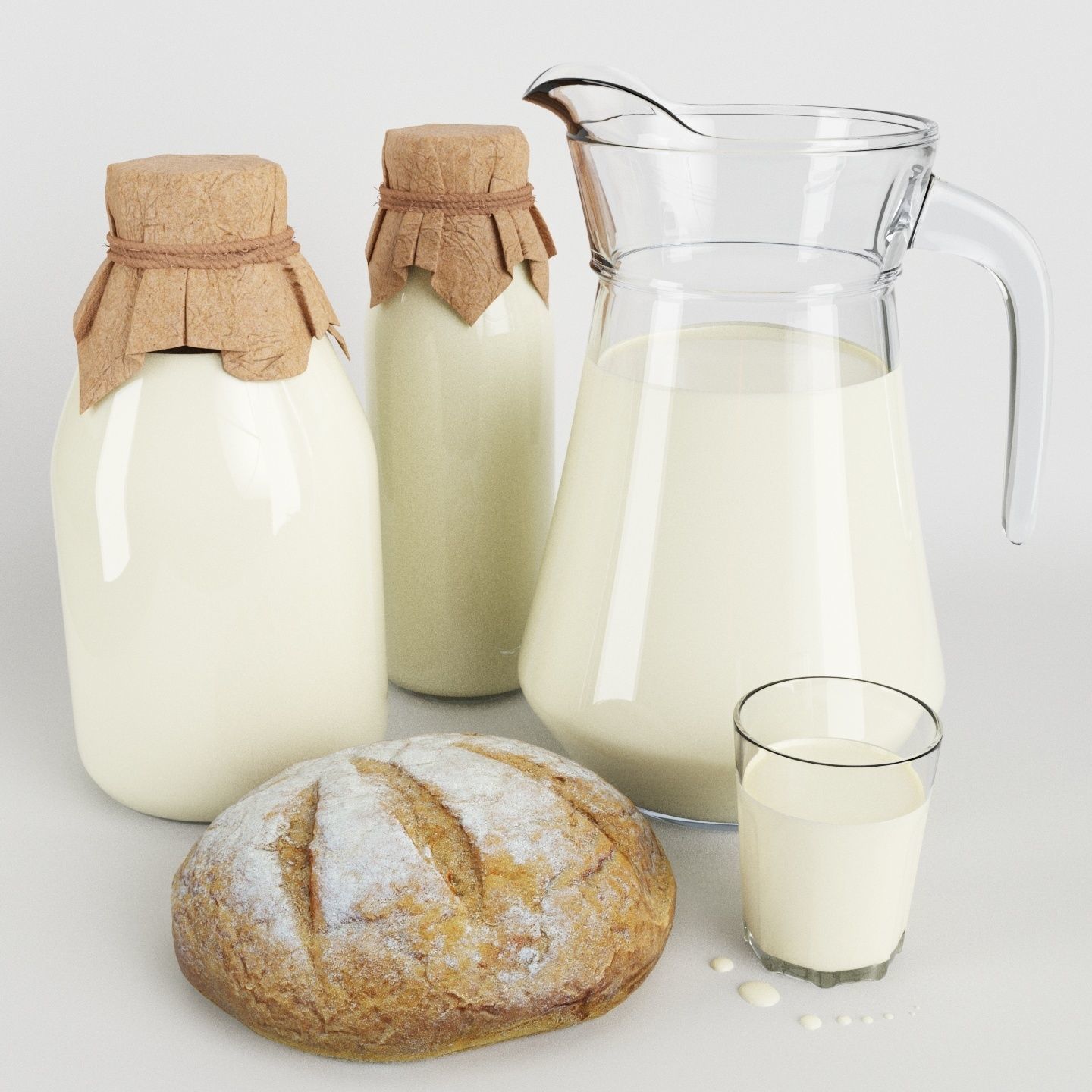 Milk with country bread 3D model_4