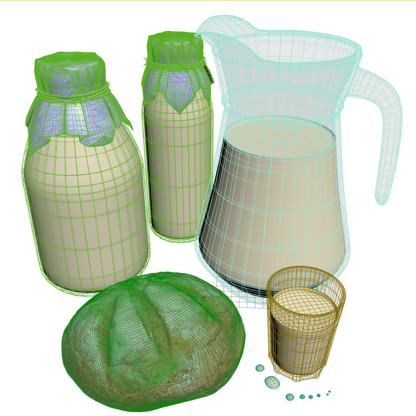 Milk with country bread 3D model_9