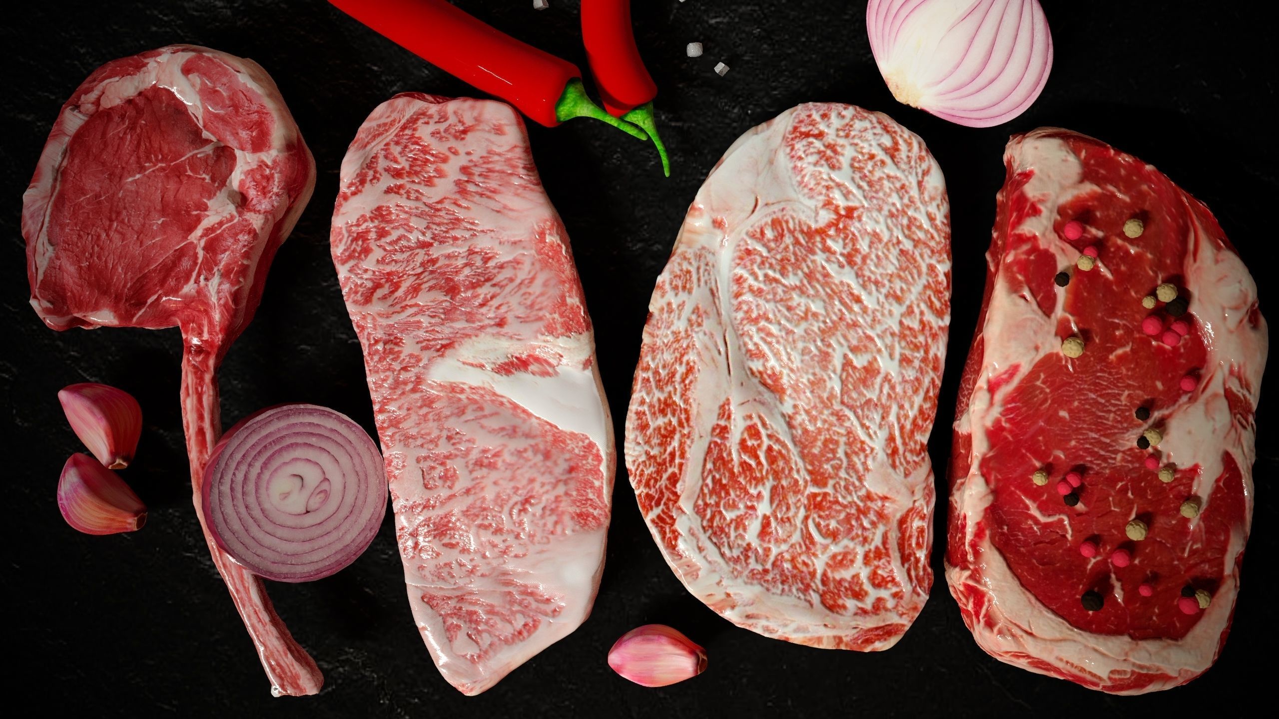 Ribeye wagyu and tomahawk with pepper garlic and onion 3D model_1