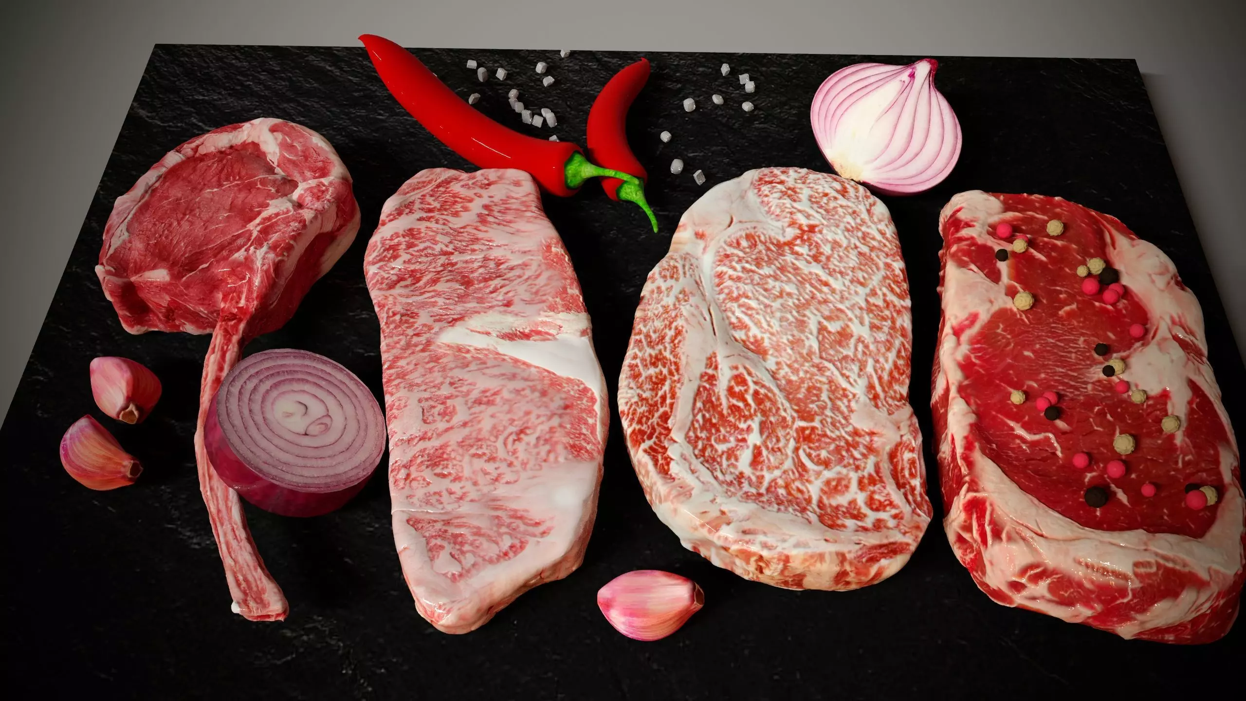 Ribeye wagyu and tomahawk with pepper garlic and onion 3D model_0