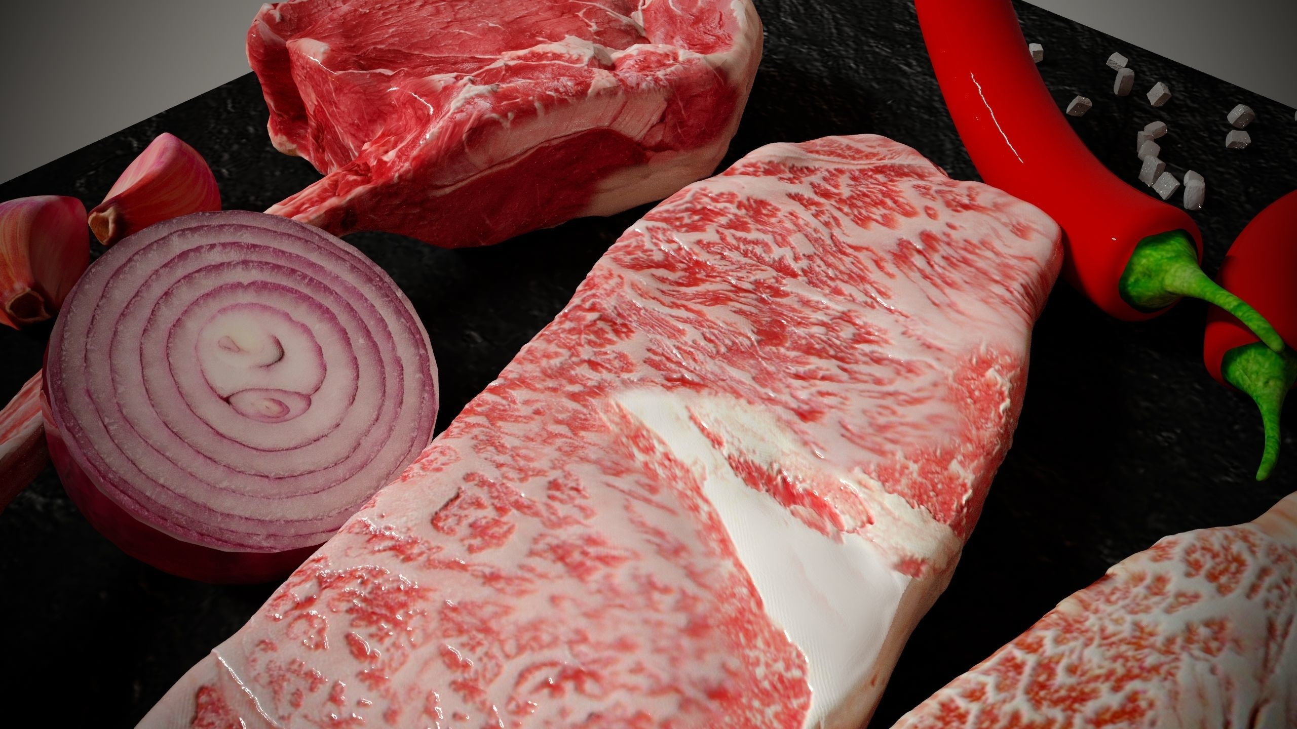 Ribeye wagyu and tomahawk with pepper garlic and onion 3D model_4