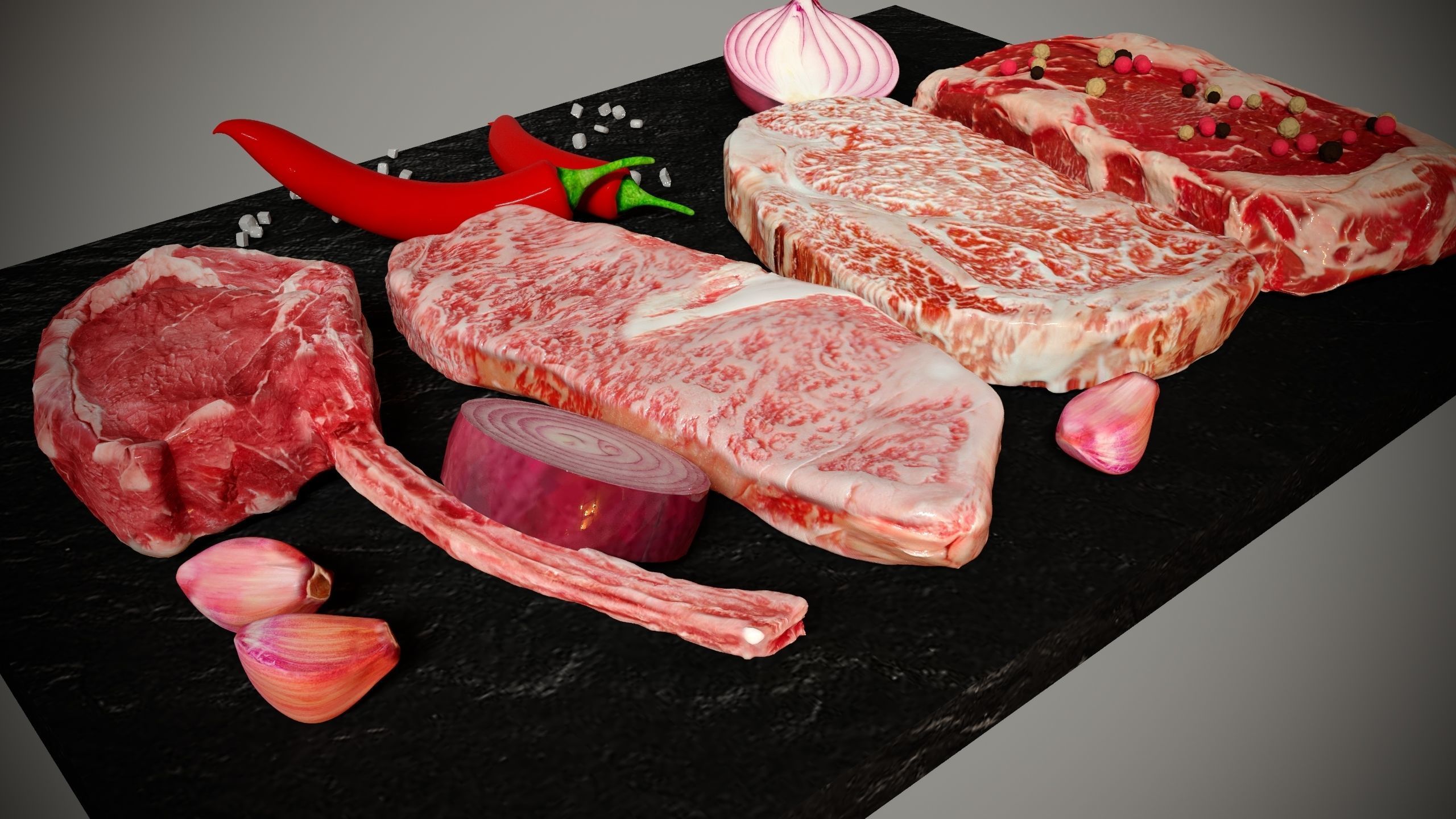 Ribeye wagyu and tomahawk with pepper garlic and onion 3D model_2