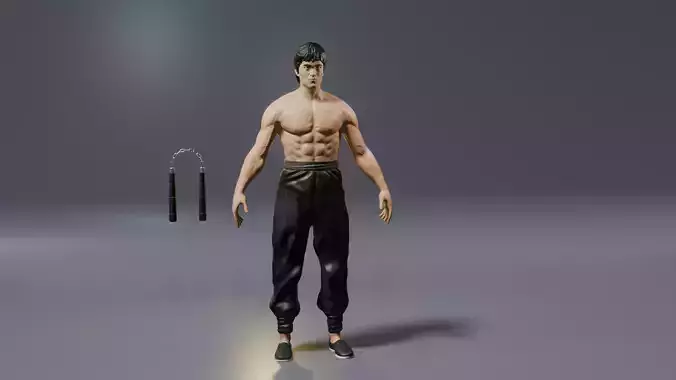 Bruce Lee base sculpture 3D with nunchaku low poly 