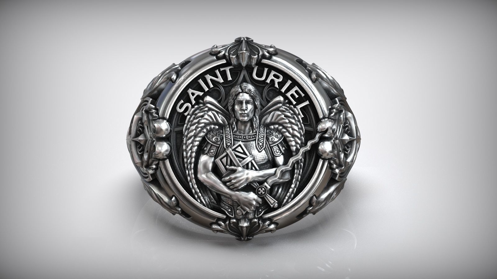 Saint Uriel Archangel Sword Cross Shield Christian Ring 3D print model_1