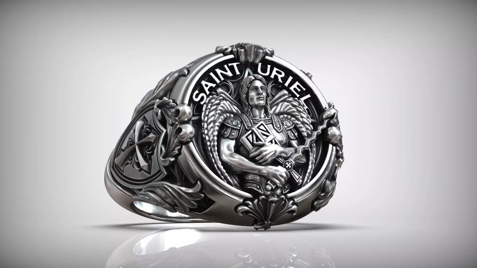 Saint Uriel Archangel Sword Cross Shield Christian Ring 3D print model_0