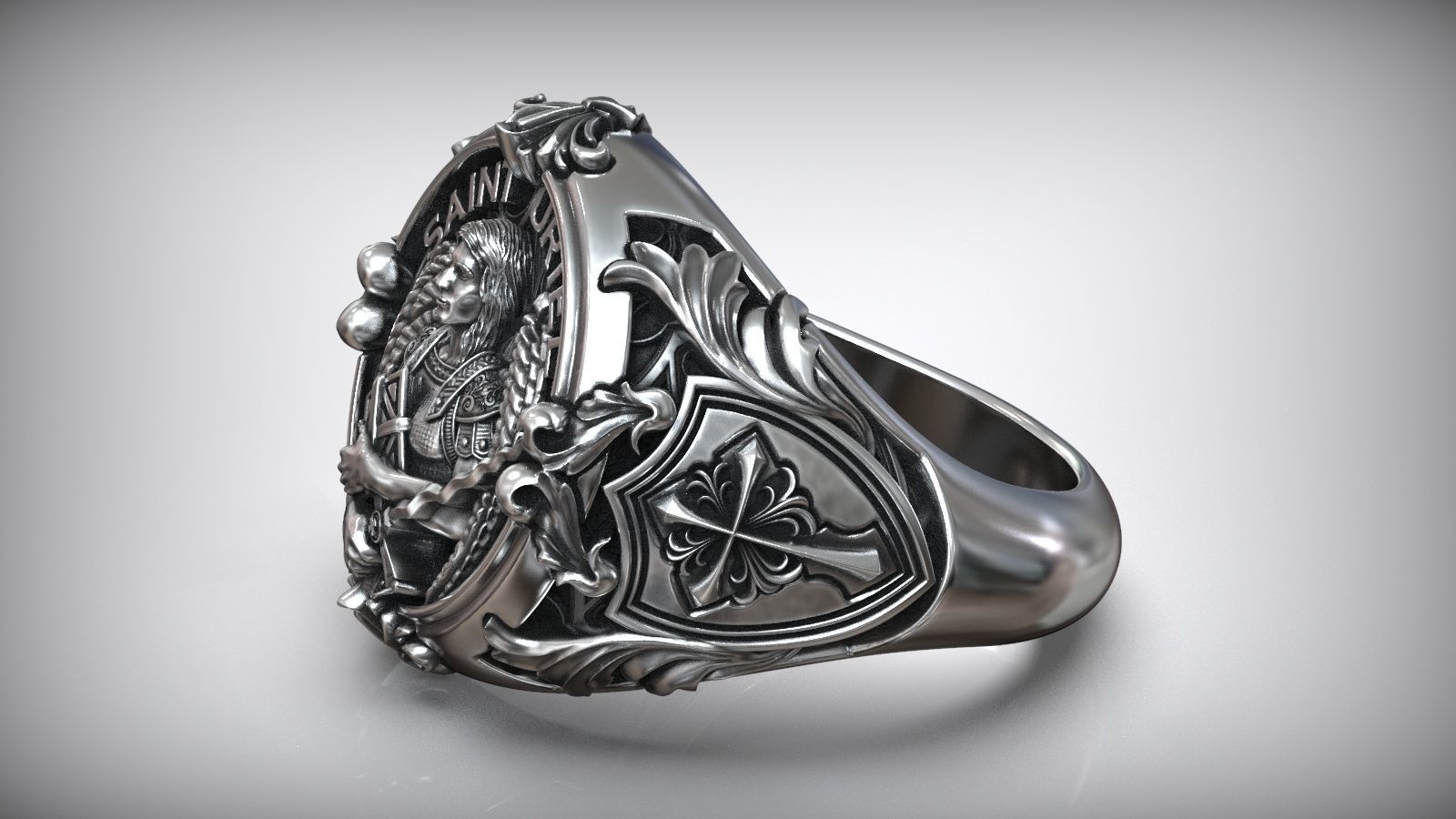 Saint Uriel Archangel Sword Cross Shield Christian Ring 3D print model_3