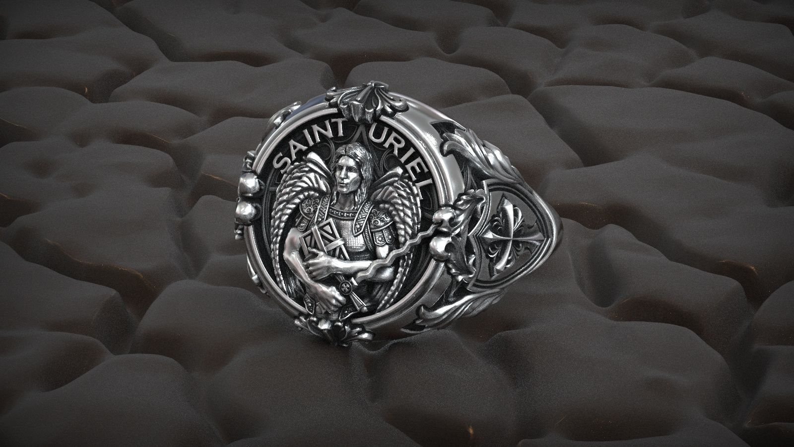 Saint Uriel Archangel Sword Cross Shield Christian Ring 3D print model_6