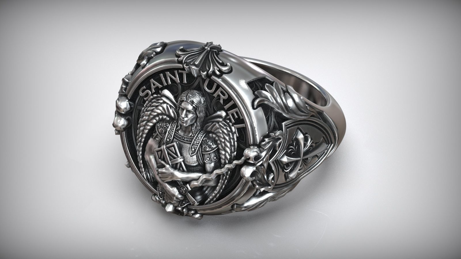 Saint Uriel Archangel Sword Cross Shield Christian Ring 3D print model_2
