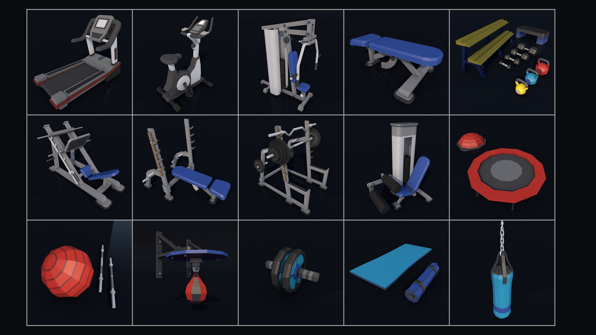 Poly Gym Equipments Pack Collection Low-poly 3D model_3