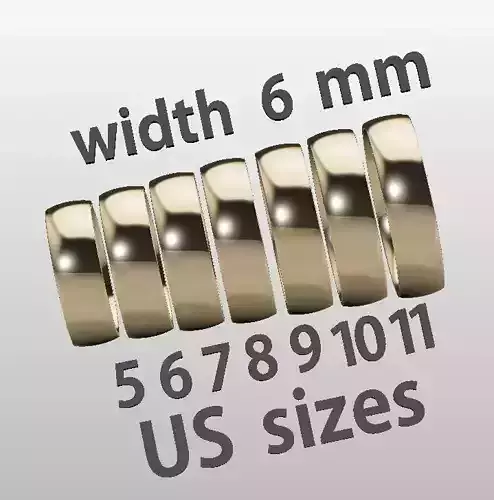 Printable jewelry comfort WEDDING ring 6mm STL 7 US sizes