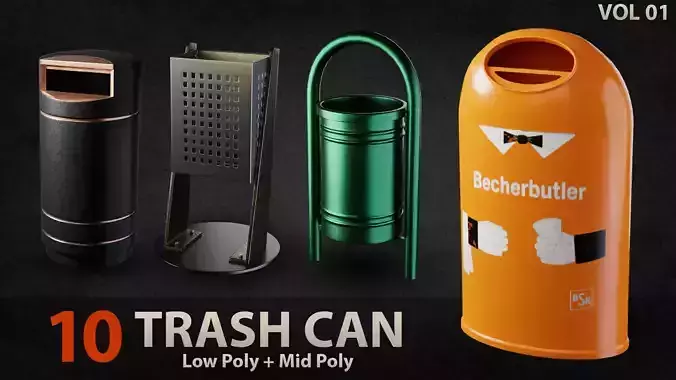 10 Trashcan Basemesh Lowpoly Midpoly gameready