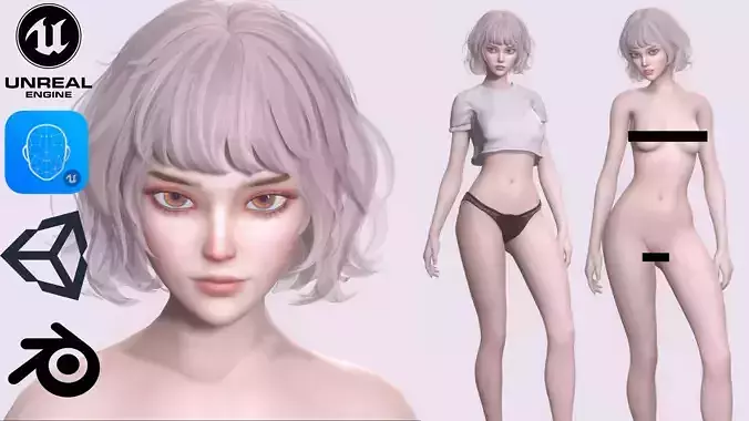 Nude Female Character Yoon - Game Ready Character Low-poly 3D model