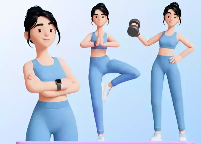 Cartoon Gym Sports  Fitness Girl Woman Illustration Style Low-poly 3D model