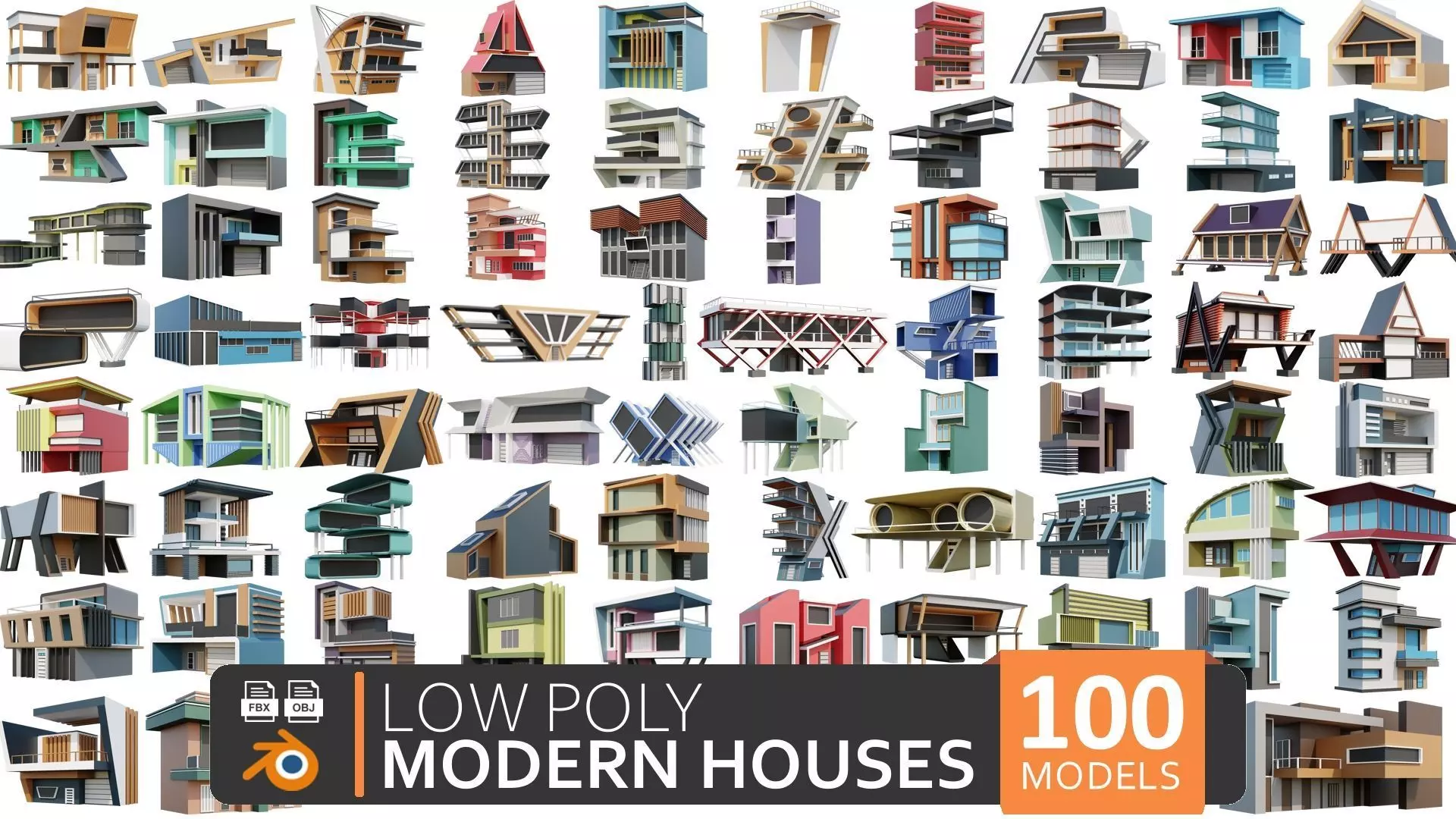 Low-Poly Modern 100 Houses Pack Low-poly 3D model_0