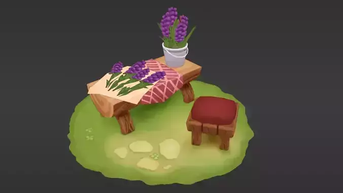 Stylized scene of making a bouquet  Low-poly 3D model