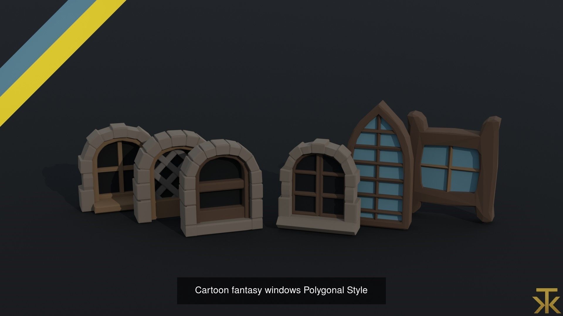 Cartoon medieval doors and windows Polygonal Style 3D Model Collection_4