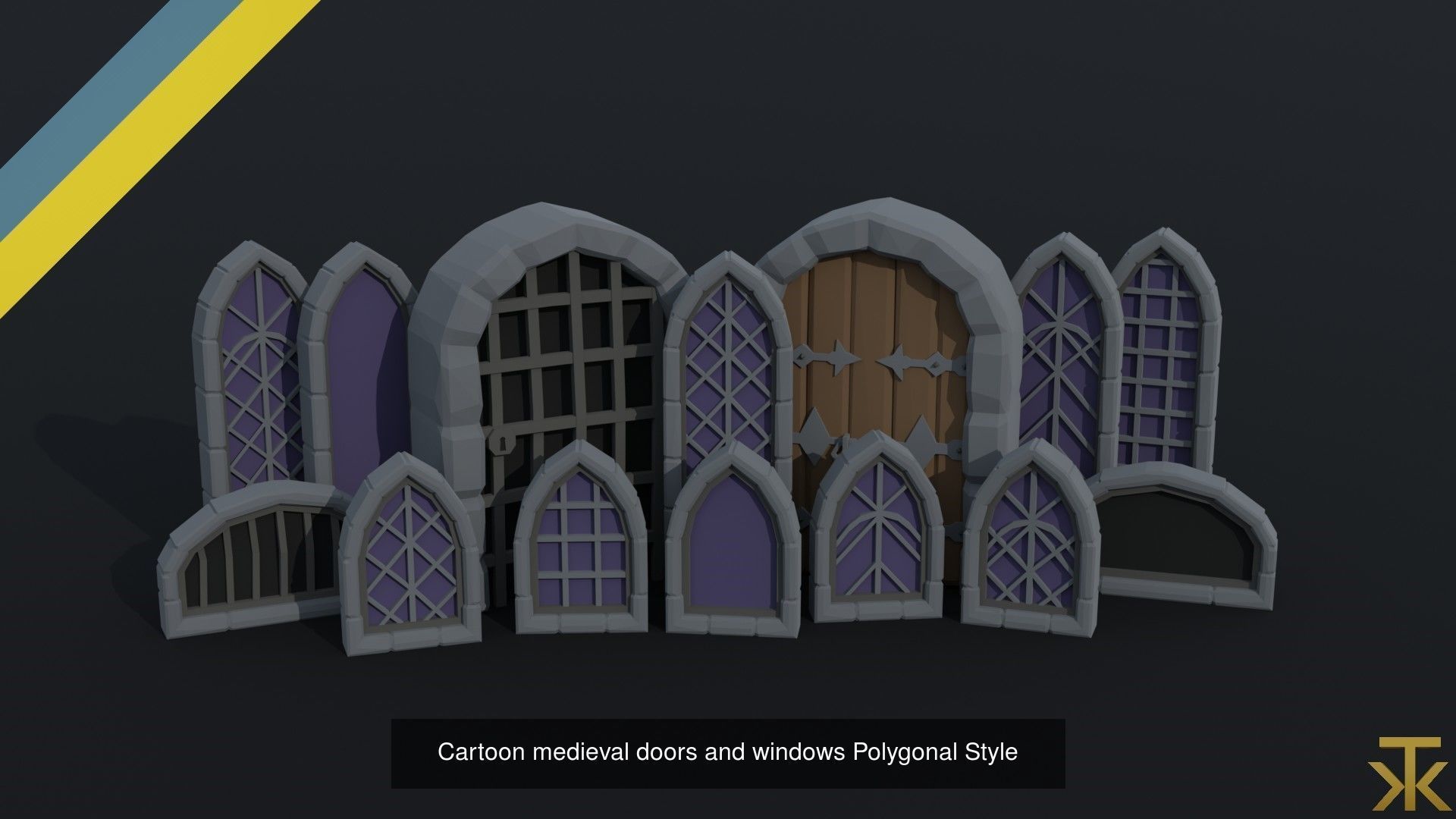 Cartoon medieval doors and windows Polygonal Style 3D Model Collection_5