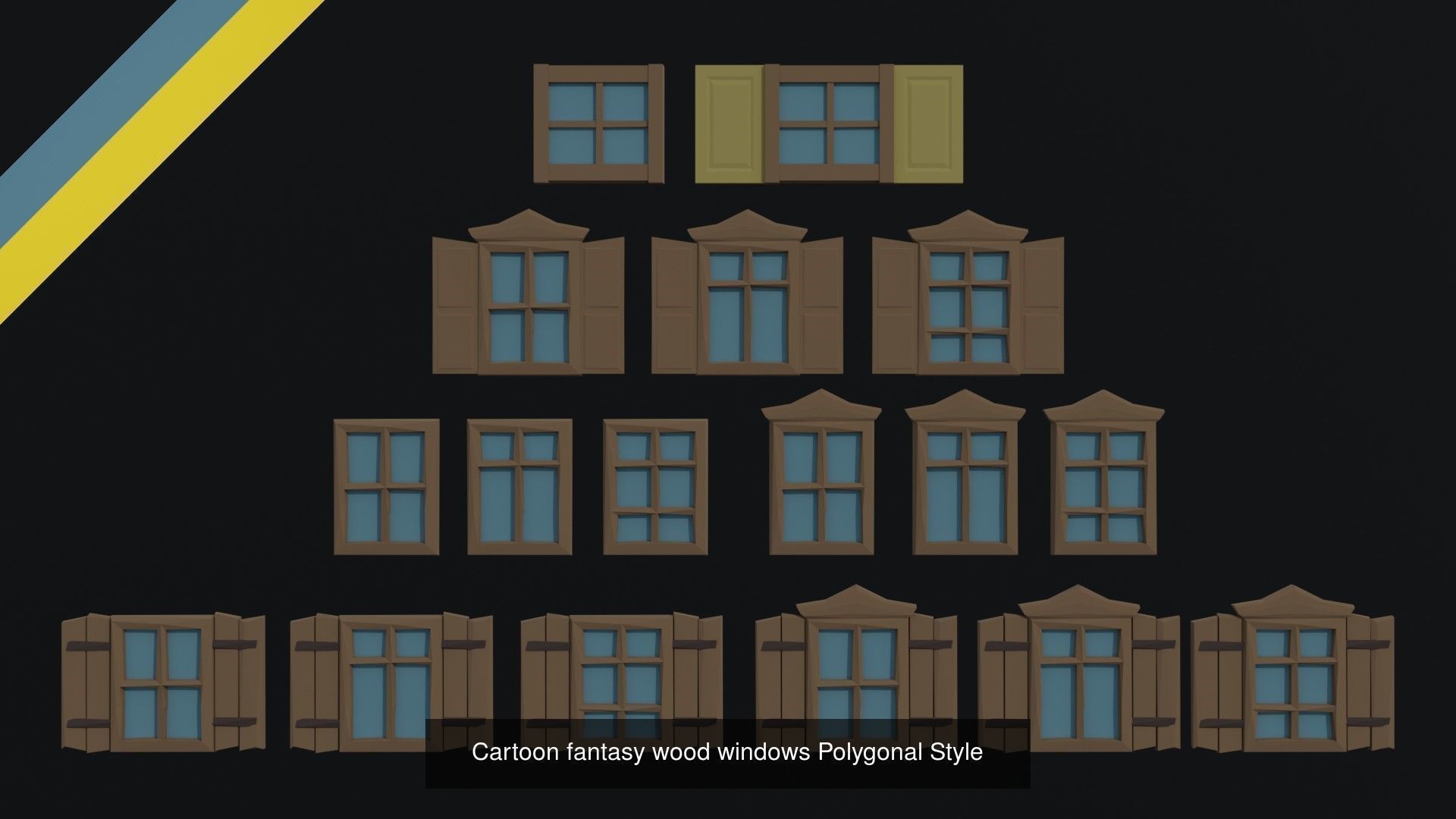 Cartoon medieval doors and windows Polygonal Style 3D Model Collection_6