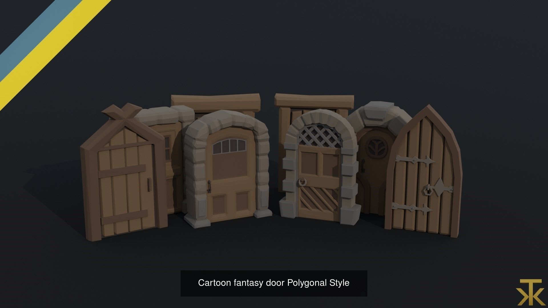 Cartoon medieval doors and windows Polygonal Style 3D Model Collection_3