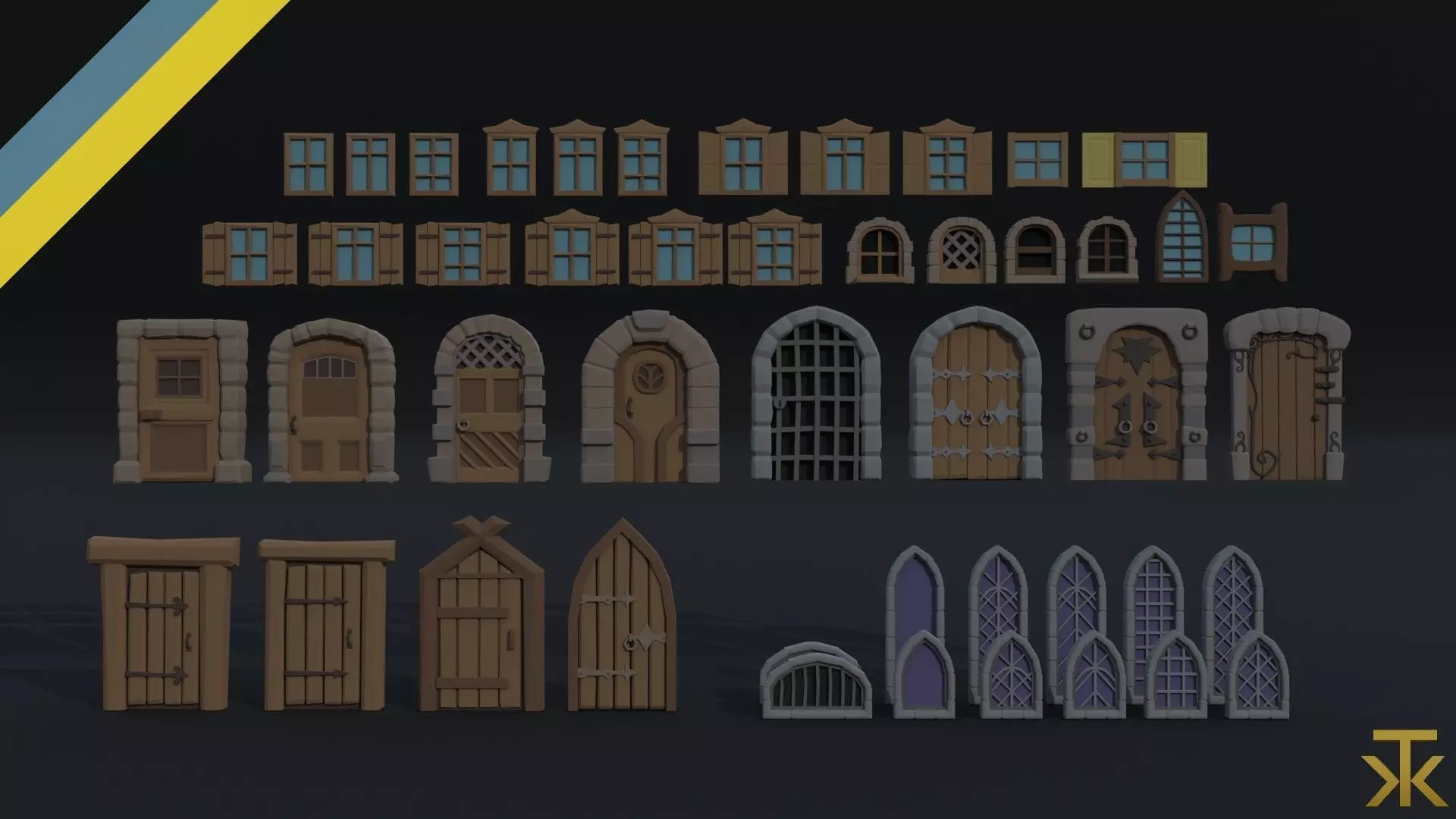 Cartoon medieval doors and windows Polygonal Style 3D Model Collection_0