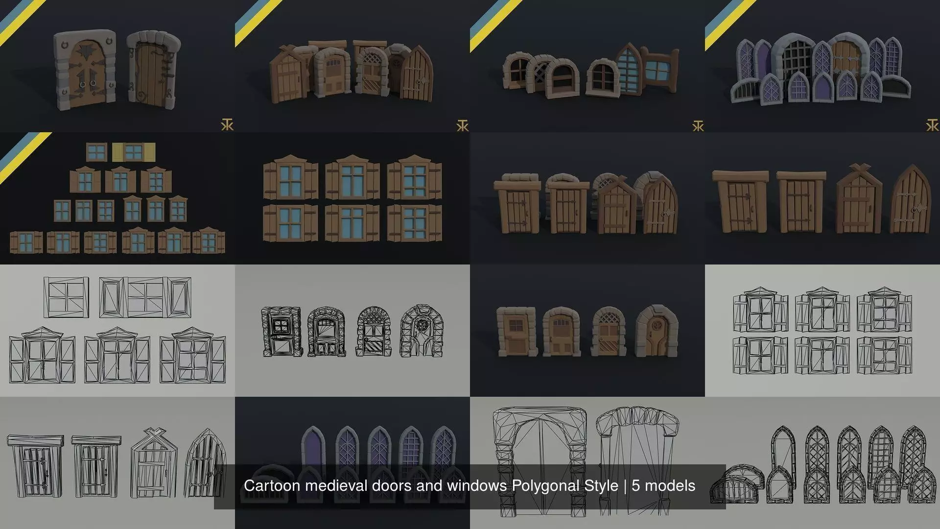 Cartoon medieval doors and windows Polygonal Style 3D Model Collection_1