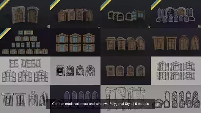 Cartoon medieval doors and windows Polygonal Style