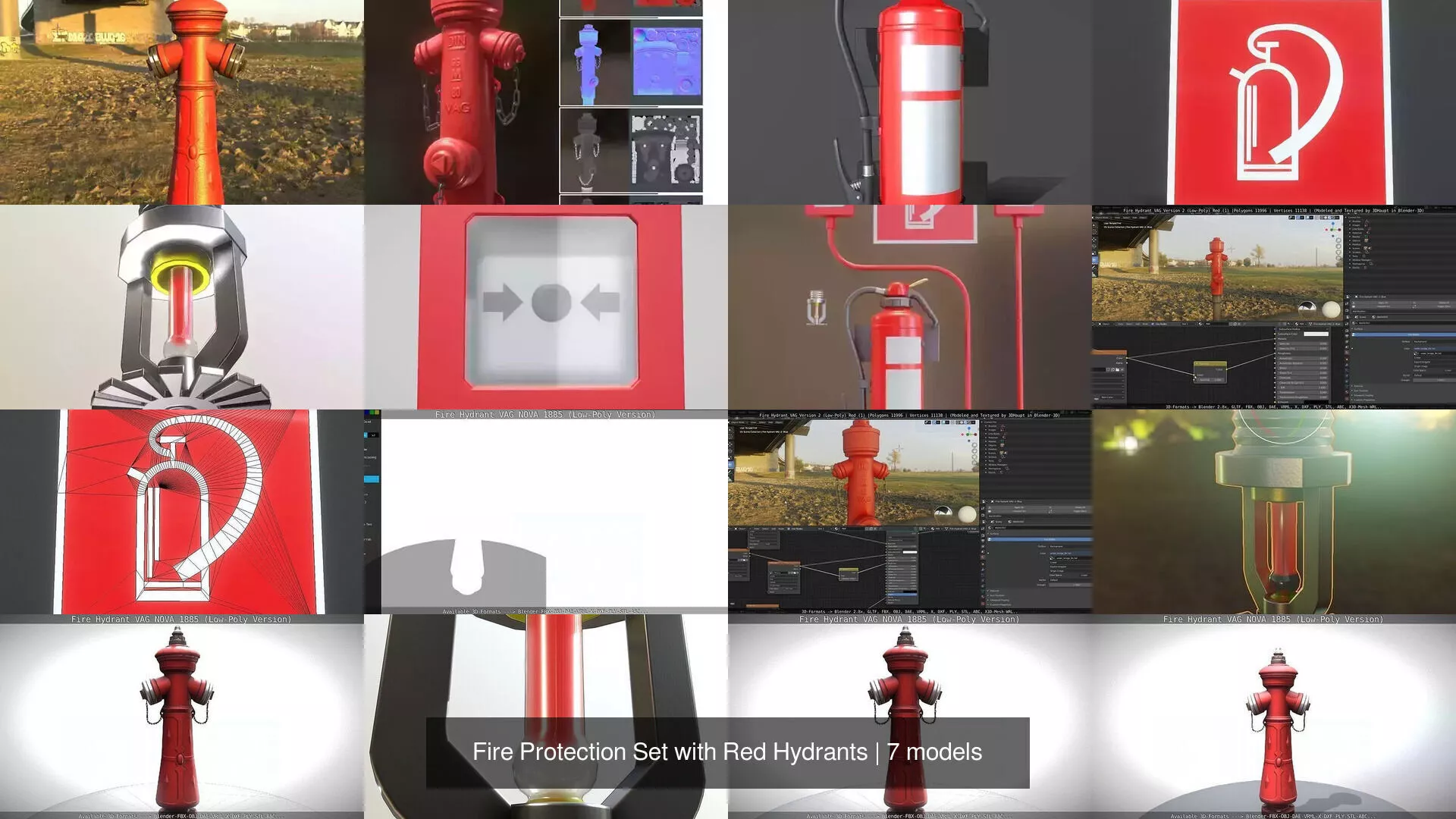 Fire Protection Set with Red Hydrants 3D Model Pack