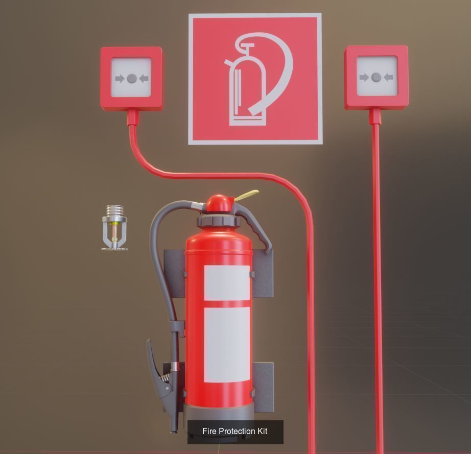 Fire Protection Set with Red Hydrants 3D Model Collection_8
