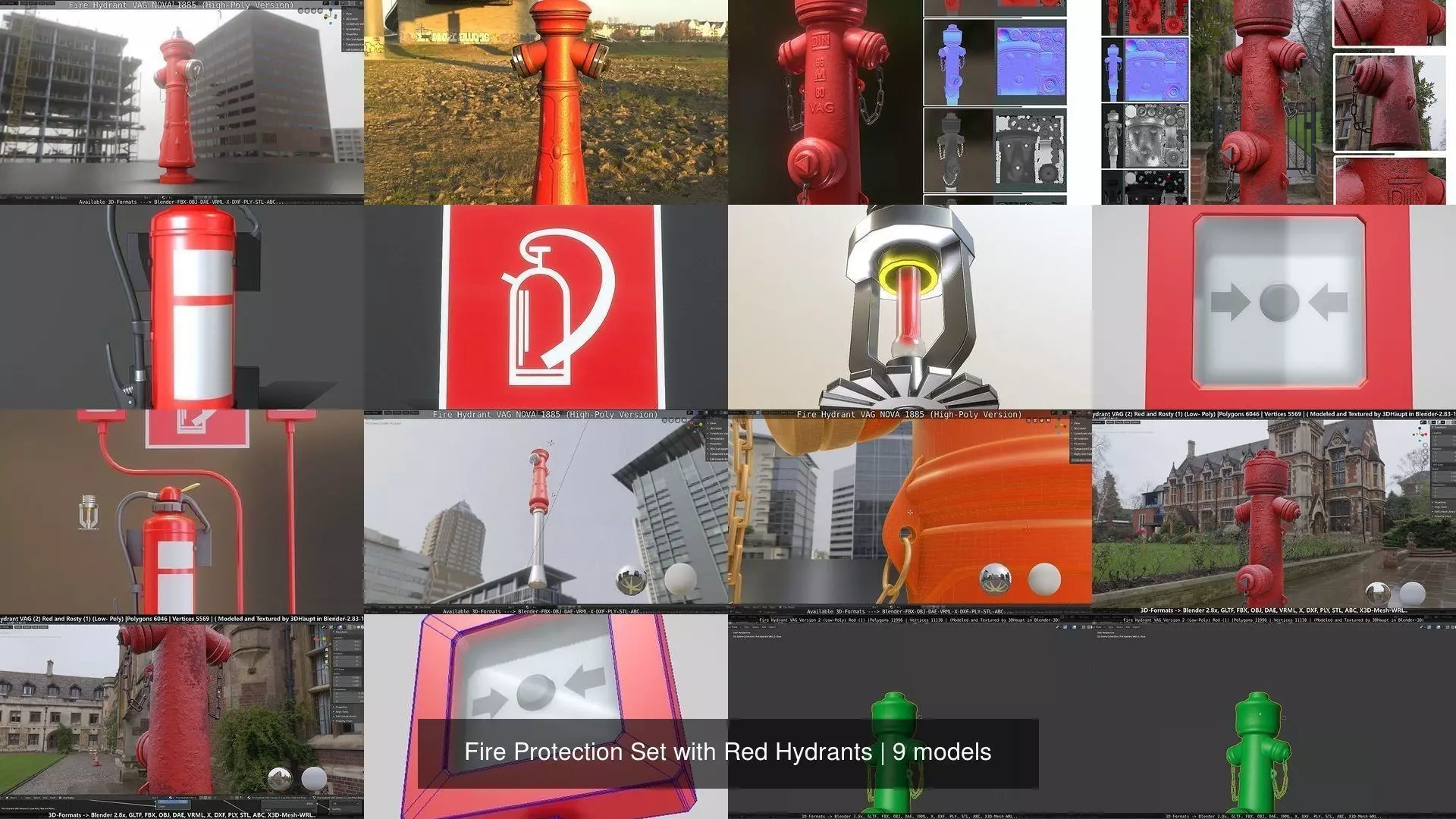 Fire Protection Set with Red Hydrants 3D Model Collection_0