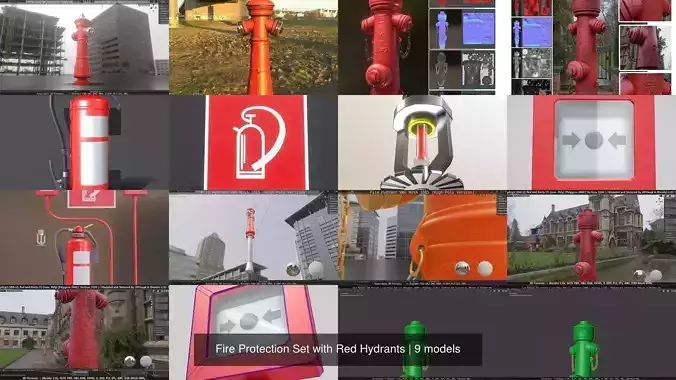 Fire Protection Set with Red Hydrants 3D Model Collection