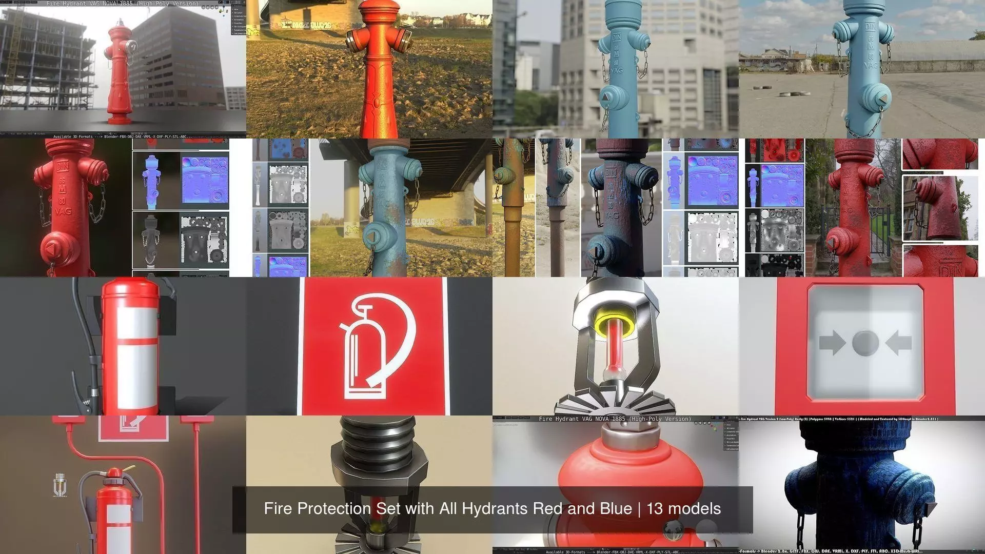 Fire Protection Set with All Hydrants Red and Blue 3D Model Collection_0